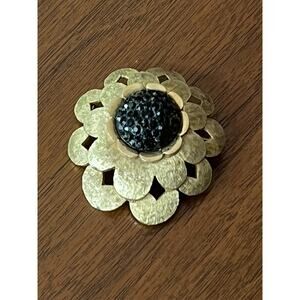 Vintage Gold Tone Domed Flower Brooch With Black Rhinestone Center